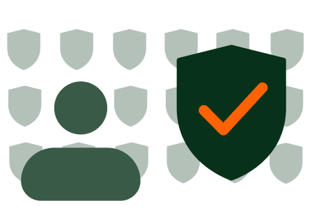 Multiple shields surrounding a central shield and a person to demonstrate trust