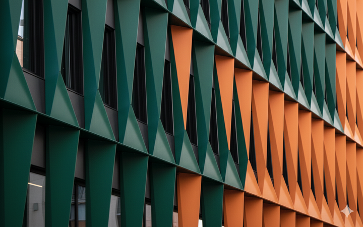 A green and orange modern office building