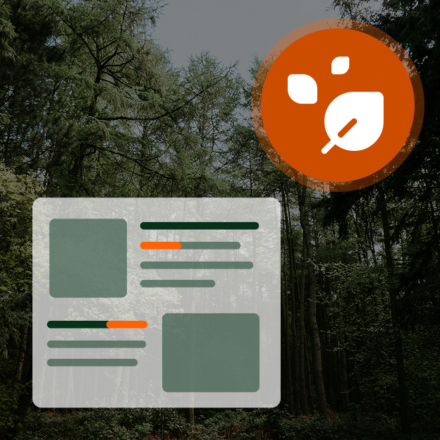 Trees in the background with a website UI overlay and a leaf icon