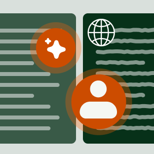 Human and Ai icon between 2 pieces of content being translated