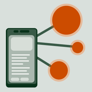 Phone showing a mobile app user interface with nodes to show user connectivity