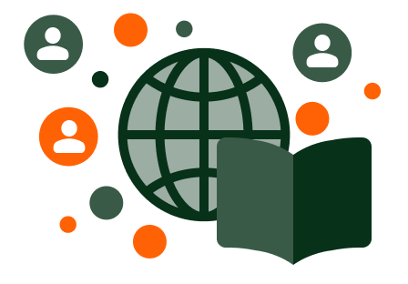 people icons around a globe and a book