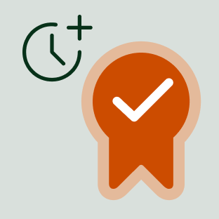 Rosette with a tick inside to show quality and a clock with a place to show time saving