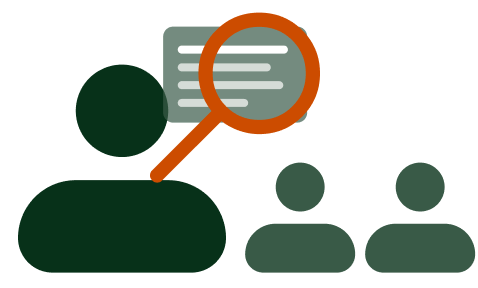 3 people icons with a text box and a search icon over the text reviewing the data
