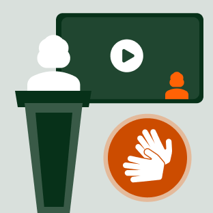 A conference with sign language interpreter icon and a sign language interpreter on a screen