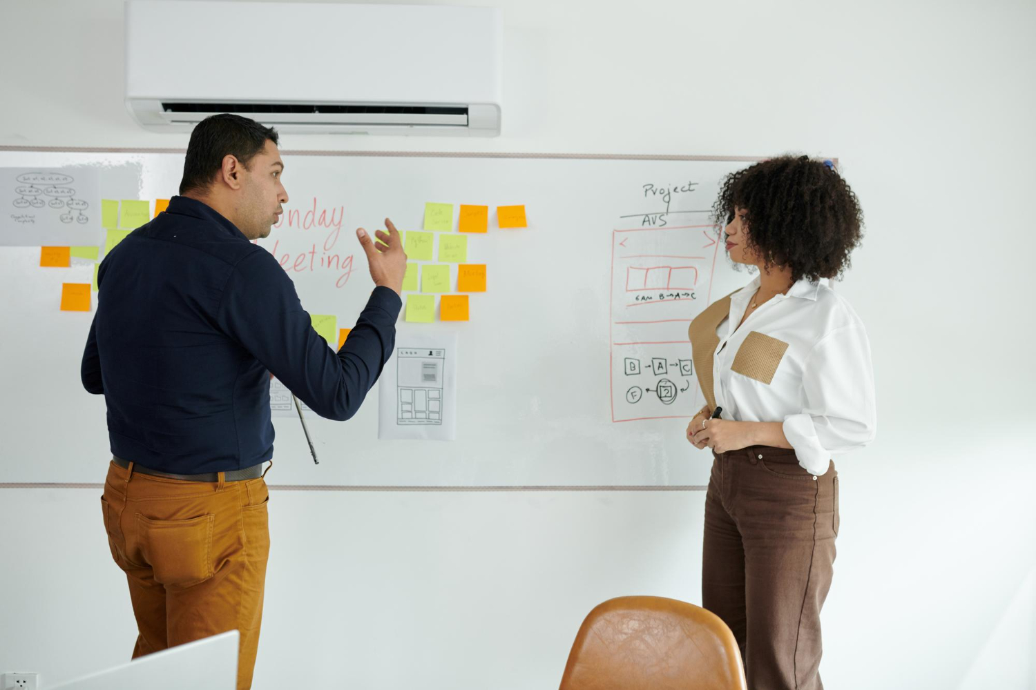 2 People stand at a whiteboard planning for translation strategy and content timings