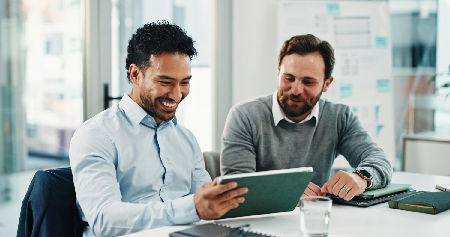 A client and peter and clark translator discussing approach to fintech documents in an office