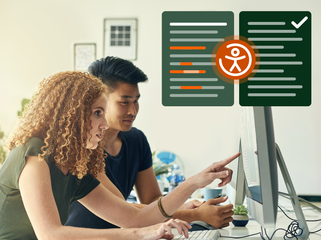 2 people sat at a computer conducting content remediation for accessibility issues