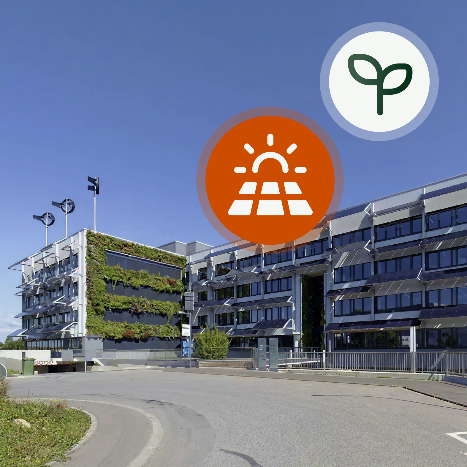Peter and Clark office building in Luxembourg showing the living wall and an icon overlay of a solar panel and a sapling