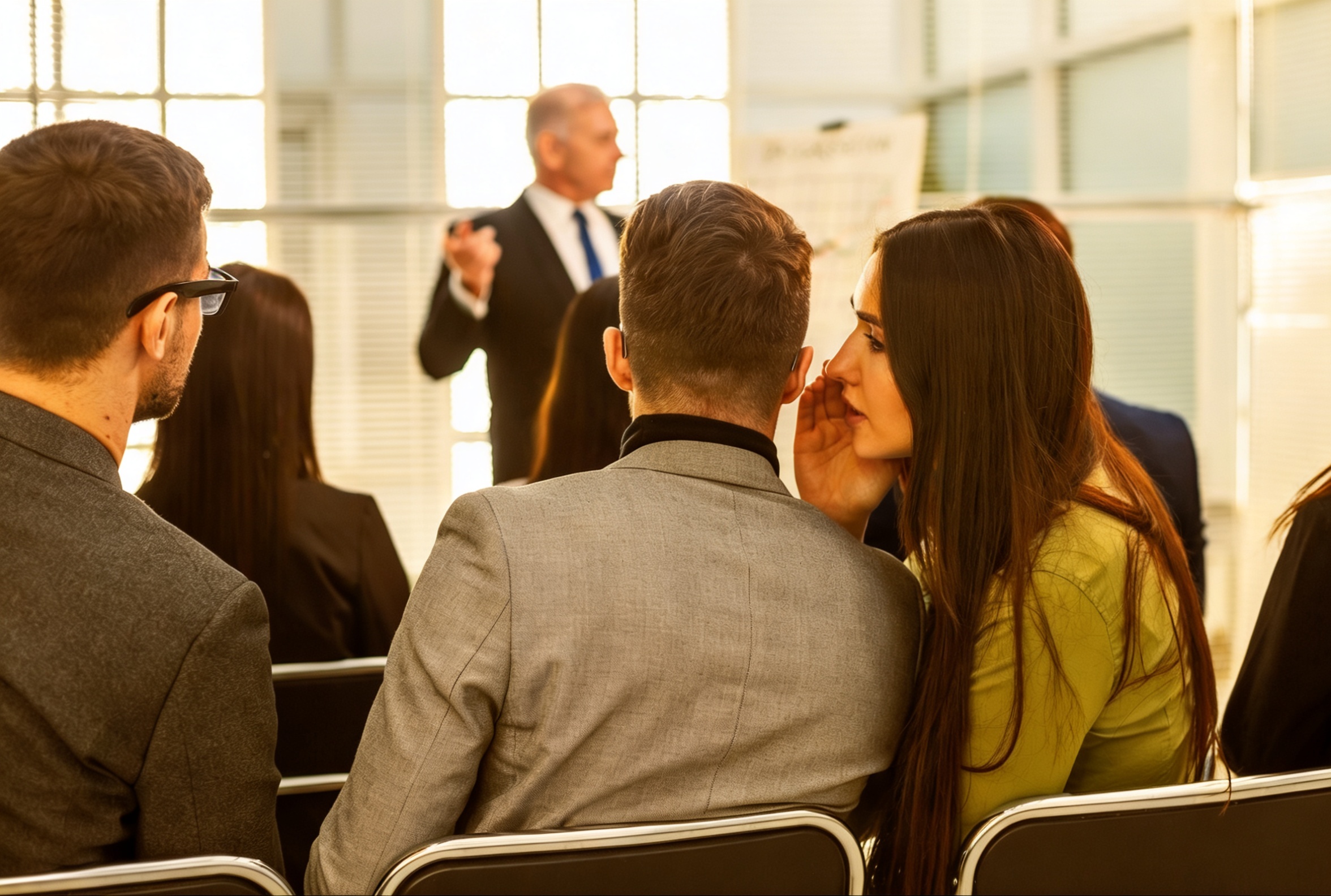 an in audience interpreter quietly translates to the person sitting next to them whilst a presentation is being delivered