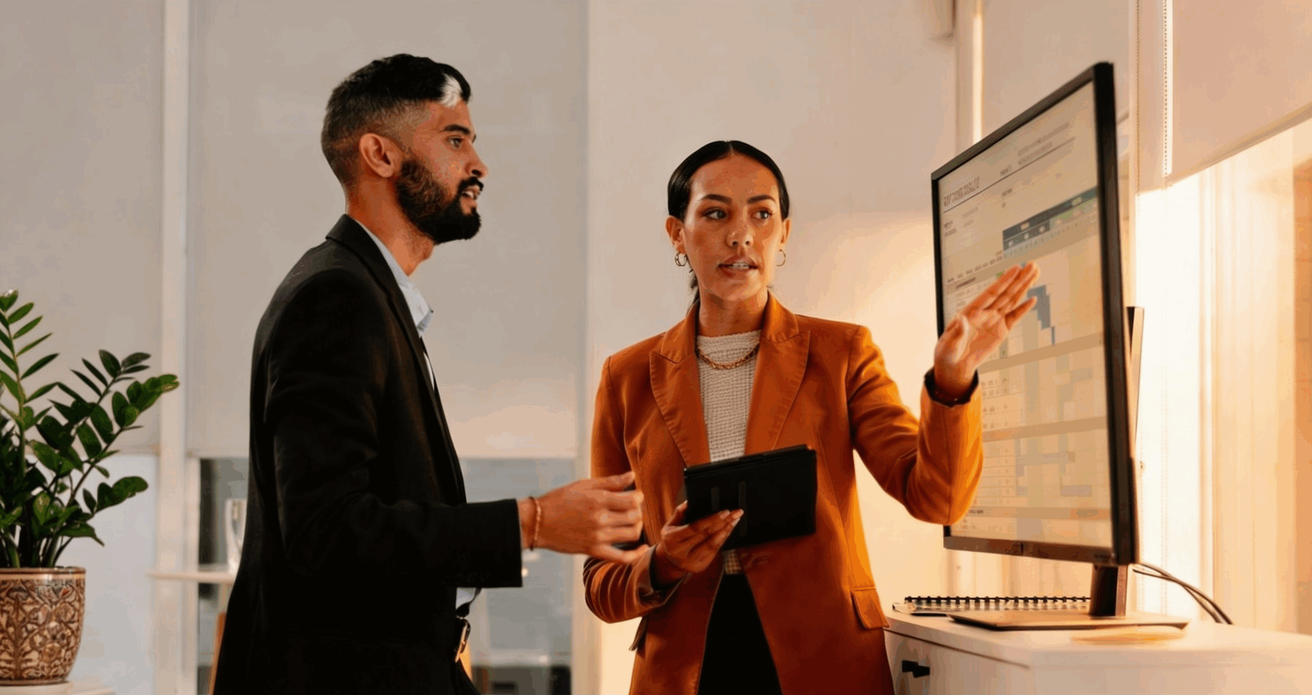 2 people reviewing financial data in a warmly lit office 1 is pointing to the screen
