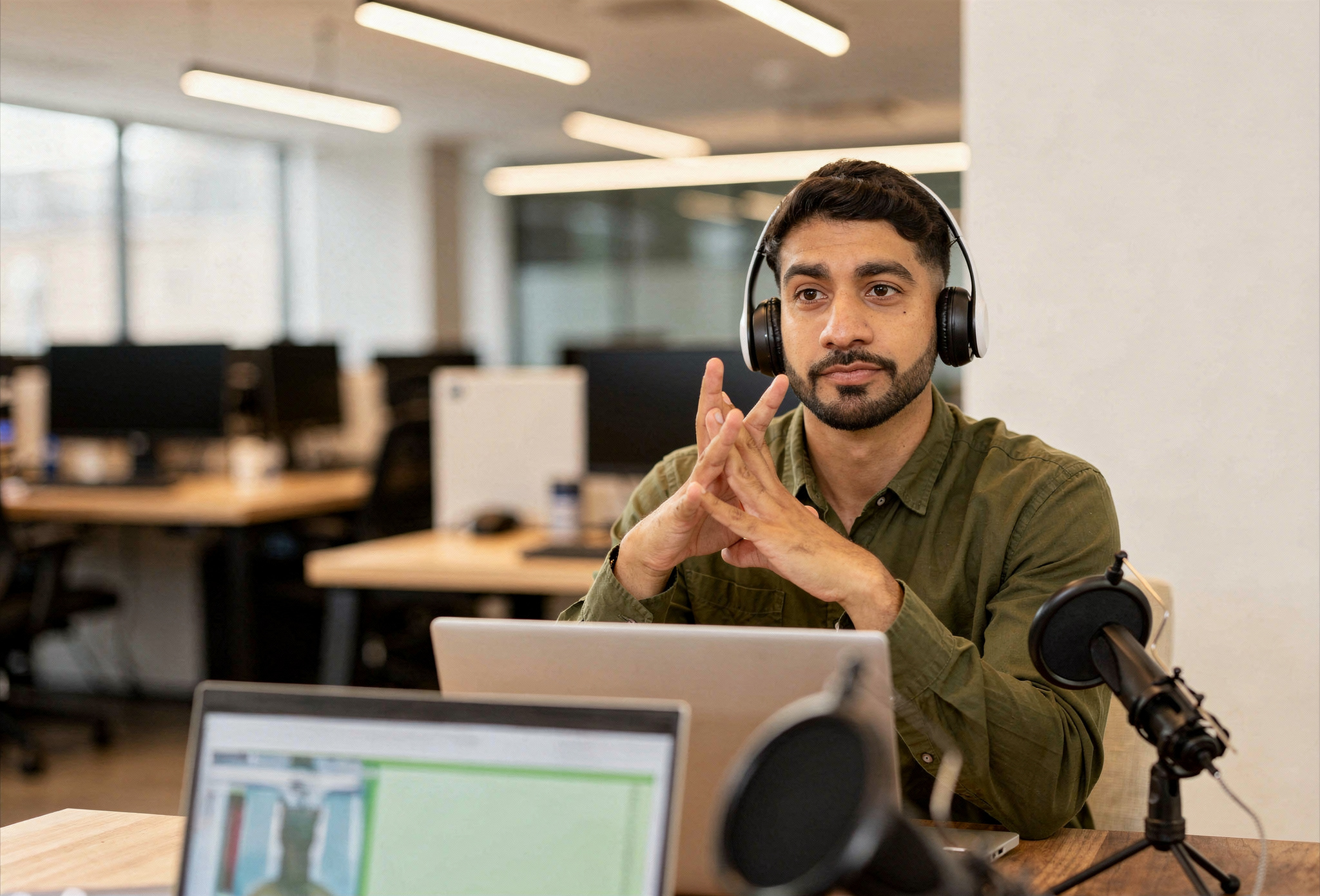 A interpreter translating audio for a video