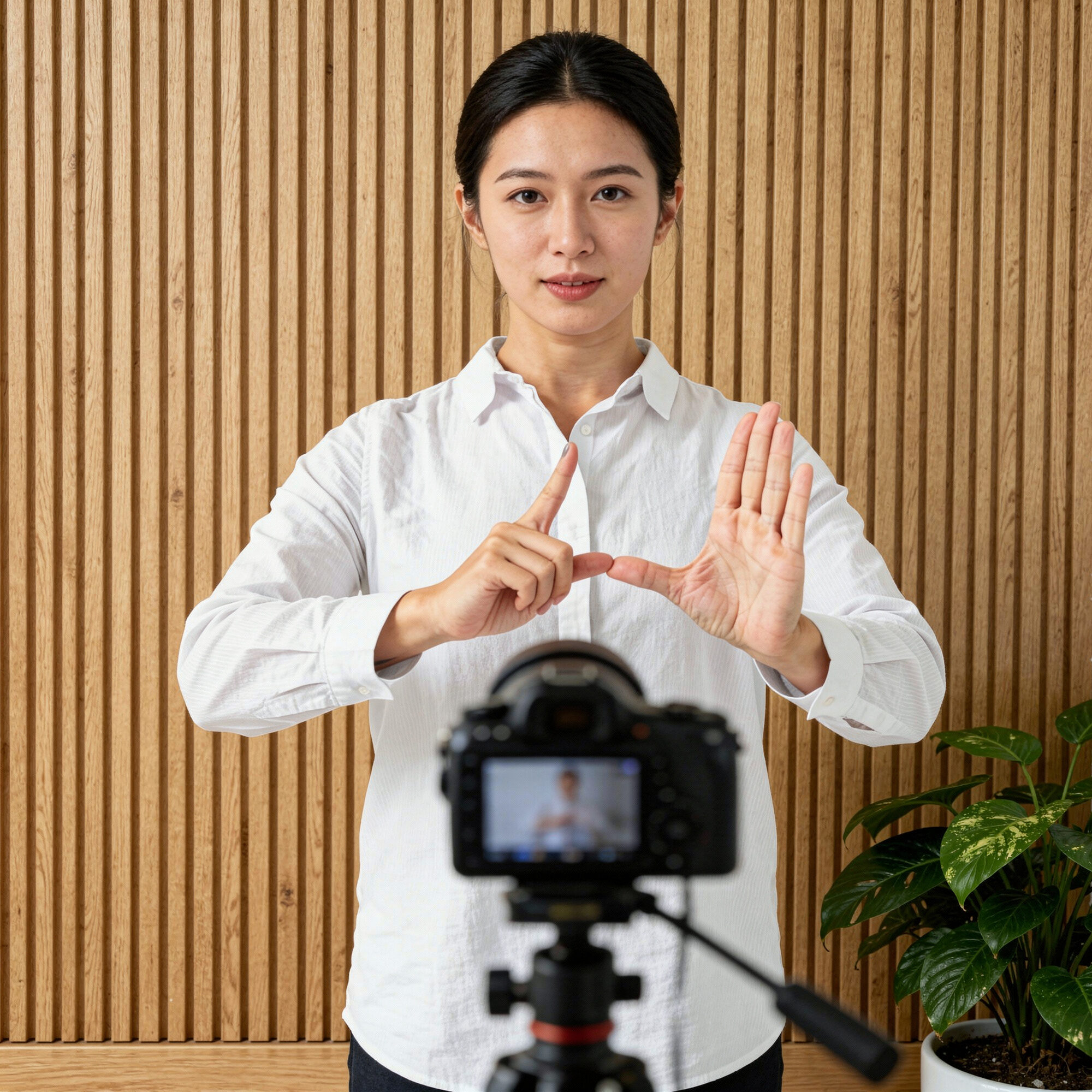 A sign language narrator stands in front of a camera