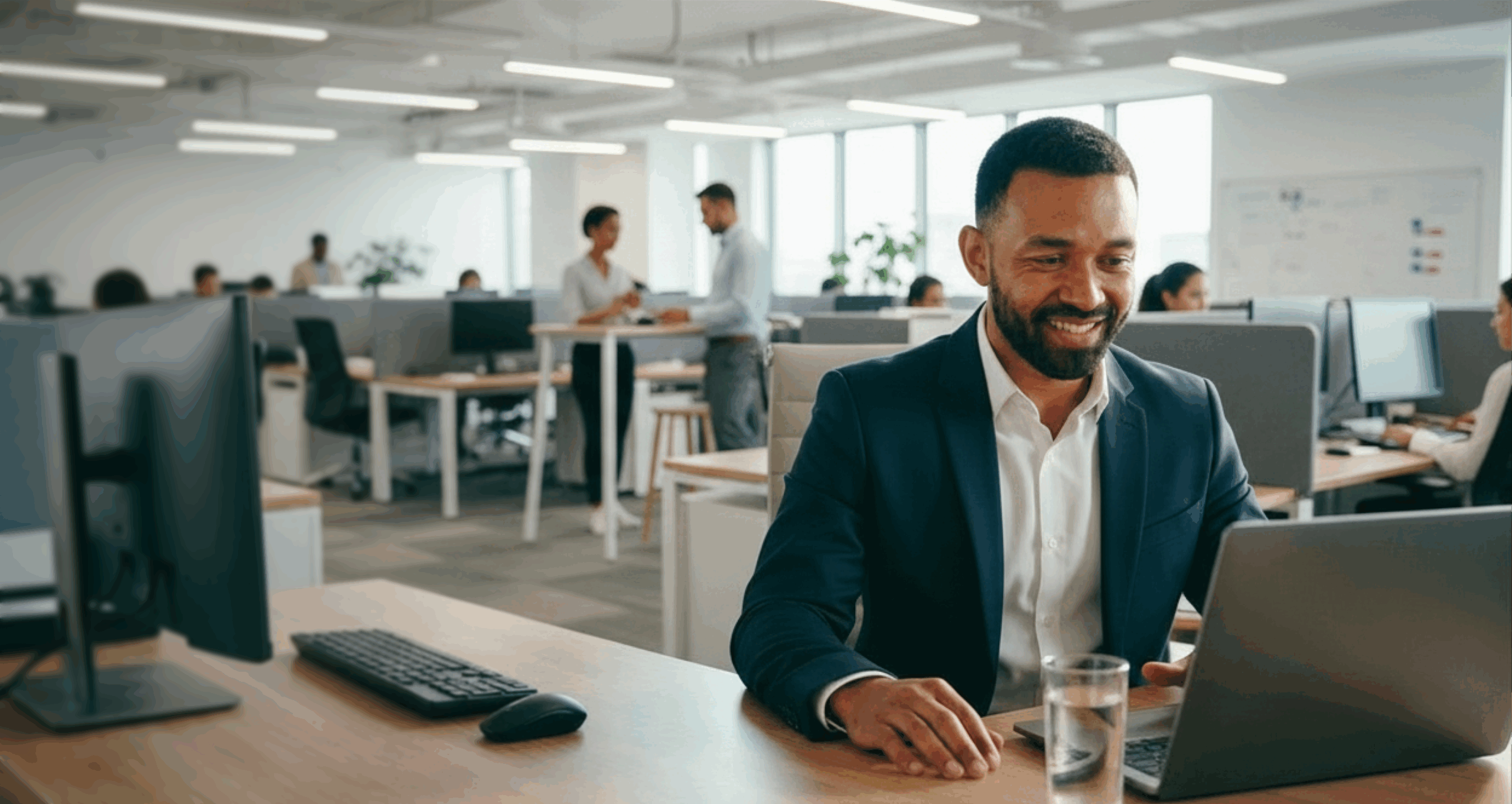 A content strategist works in an office